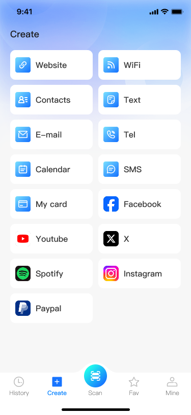 QR code creation categories screen