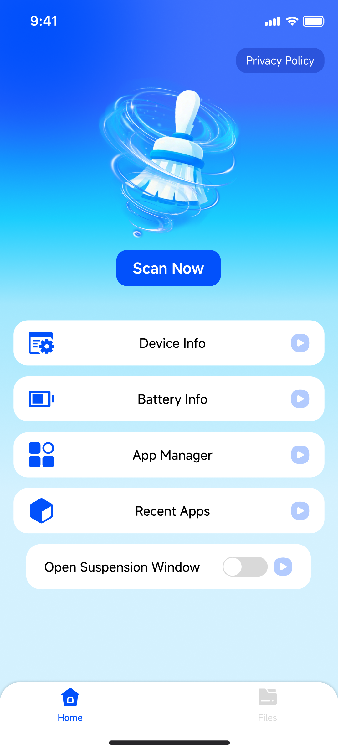 Files Clean home screen with Scan Now and feature entries