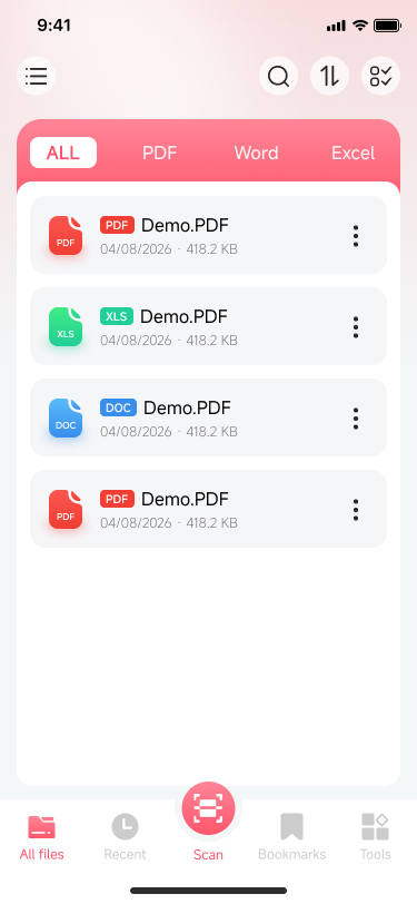 All files document list with PDF Word and Excel tabs