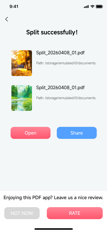 PDF split success screen